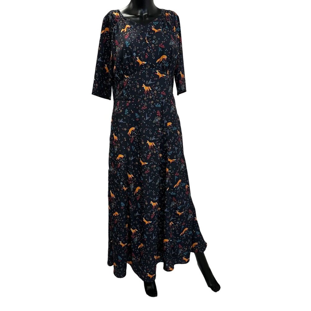 eShakti Women's Navy Blue Fox Print Midi Dress Sz Lg